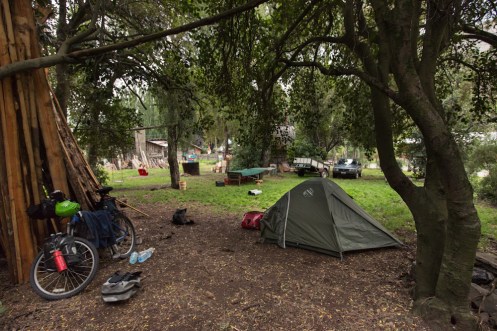 Bajo un inmenso árbol monto la tienda de campaña para protejerme lo mejor posible de la lluvia. 